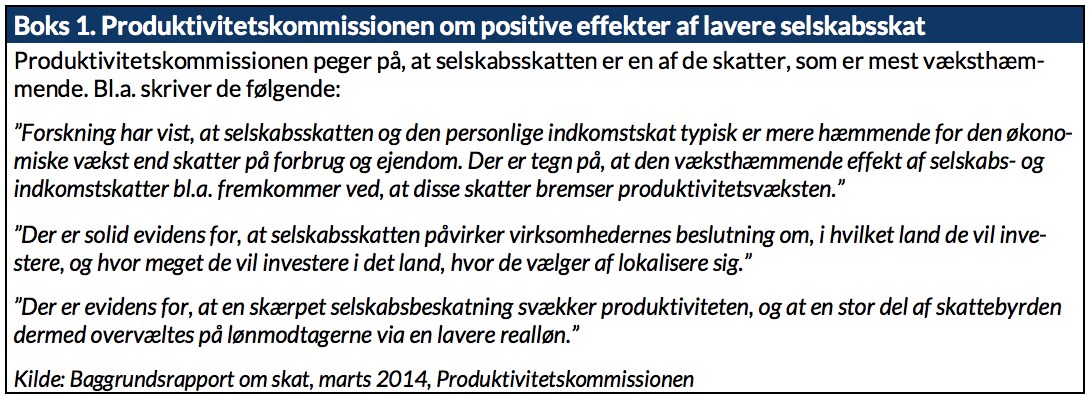 Boks 1. Produktivitetskommissionen om positive effekter af lavere selskabsskat