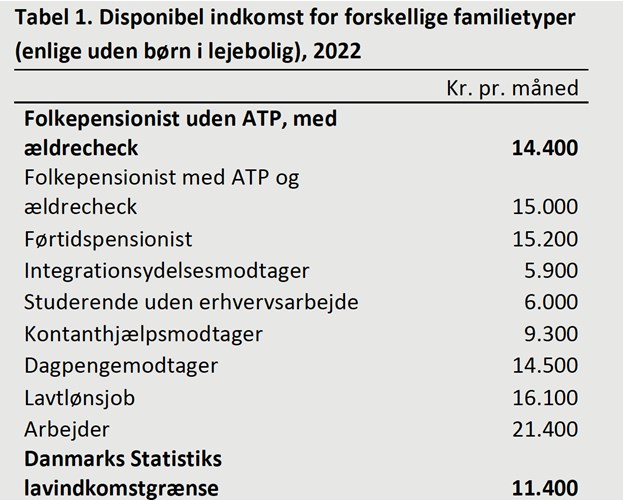 Tabel 1: Disponibel indkomst for forskellige familietyper (enlige uden børn i lejebolig), 2022