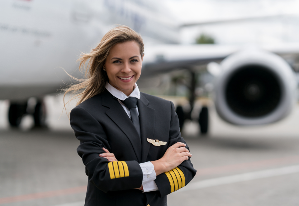 Kvinde i pilotuniform foran fly